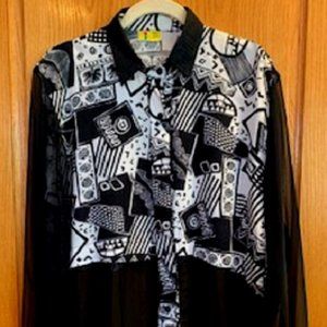 Papa & Louis Geometric Print Sheer Bottom Half & Sleeves Blouse/Shirt Sz: L